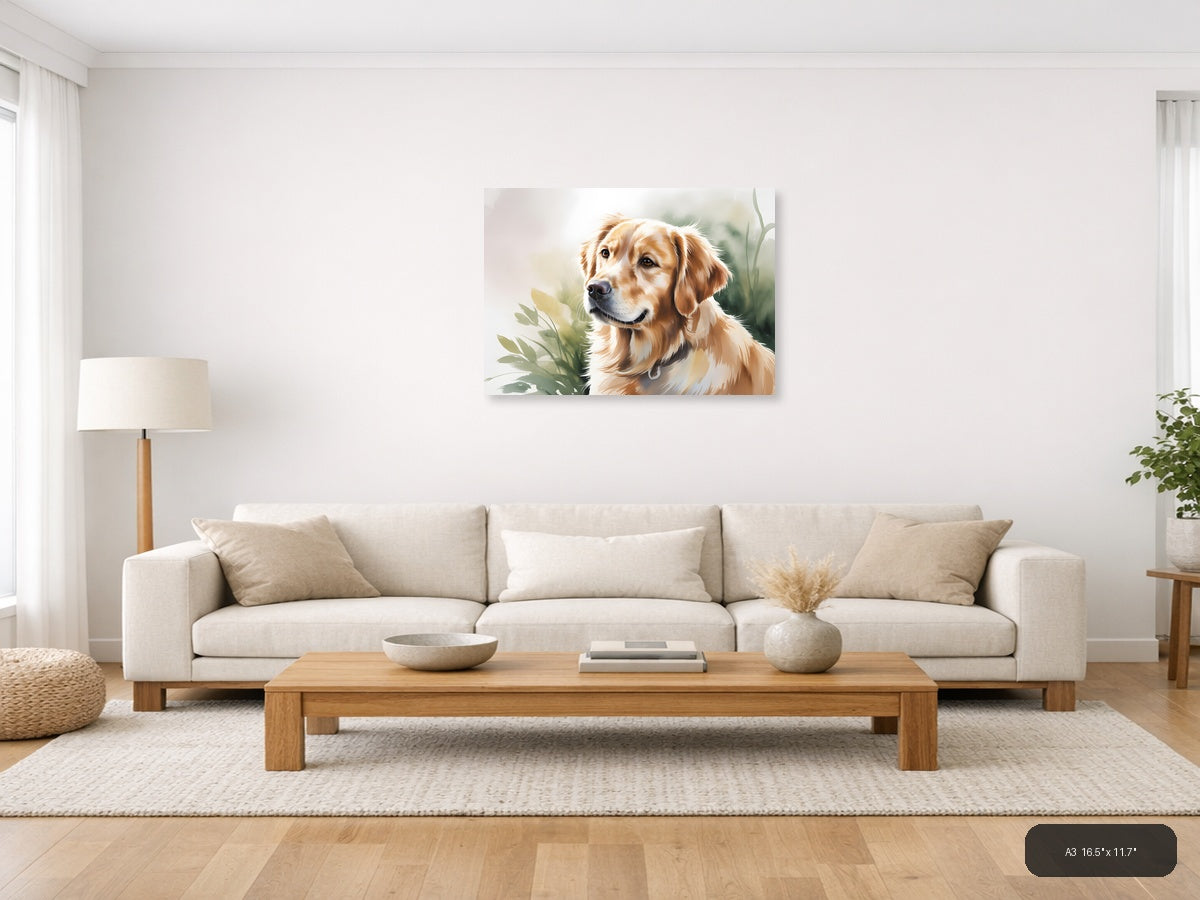 Golden Retriever Portrait Watercolor Wall Art — A3 / Living Room