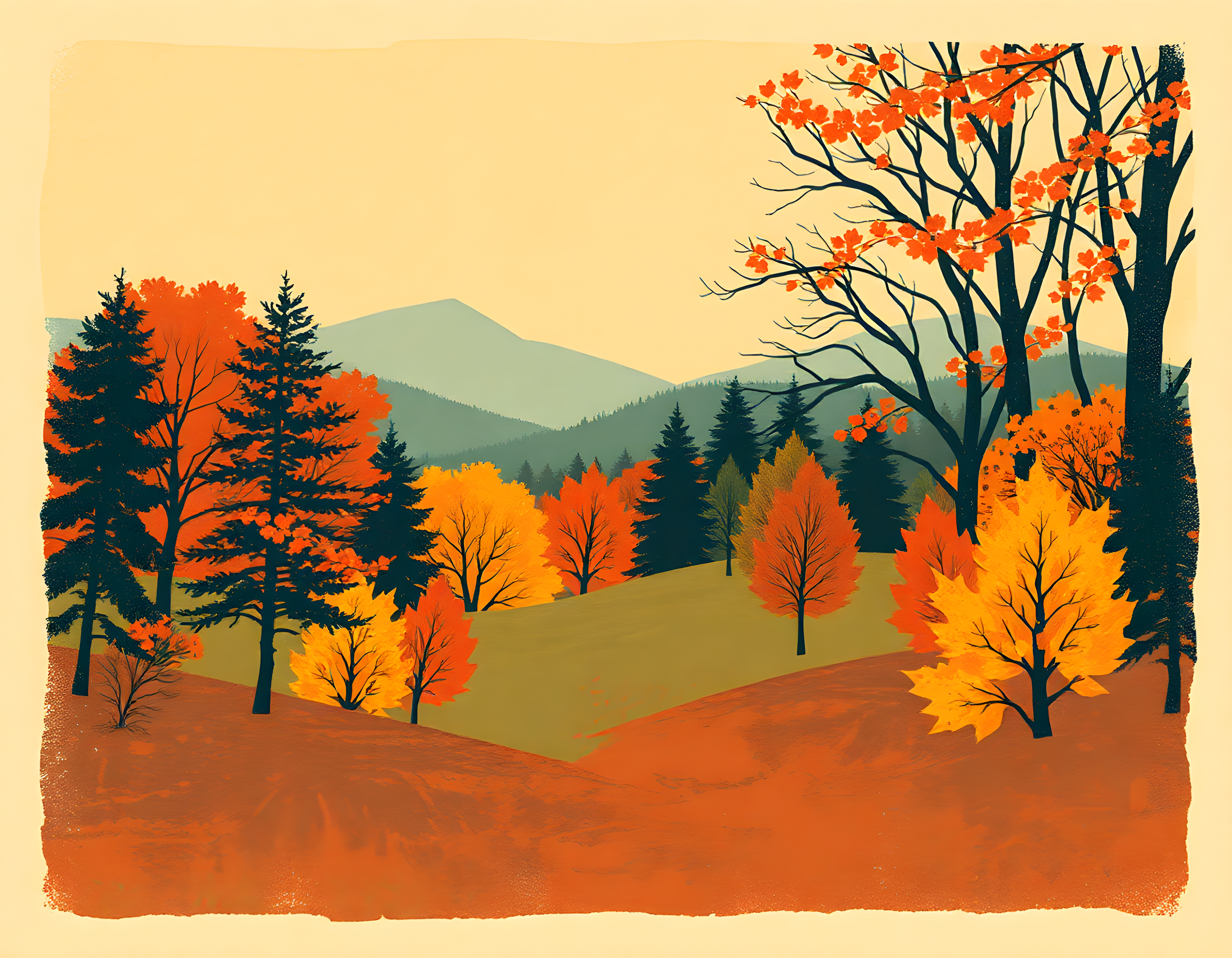 Vintage Autumn Forest Mountain Landscape Wall Art