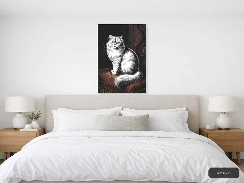Fluffy White Cat Line Art Portrait Wall Art — A1 / Bedroom