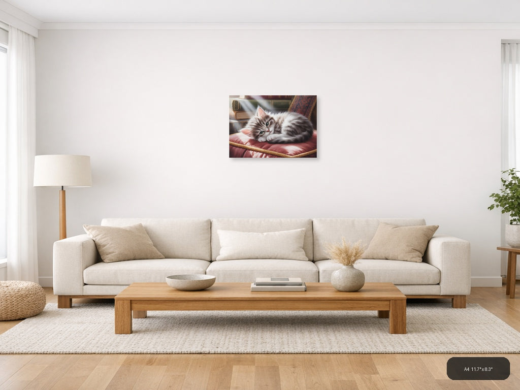 Fluffy White Cat Watercolor Portrait Wall Art — A4 / Living Room