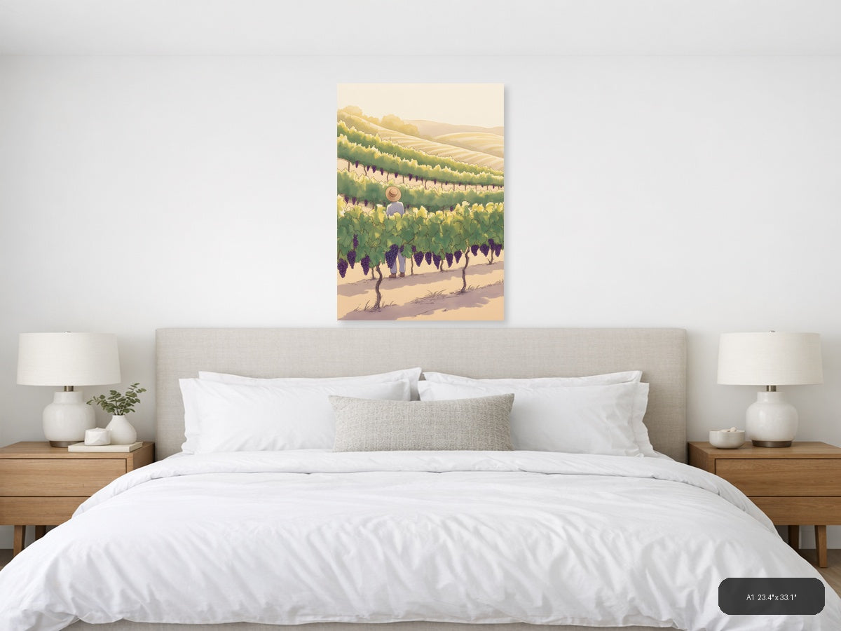 Vineyard Worker in Purple Grape Fields Line Art Wall Art — A1 / Bedroom