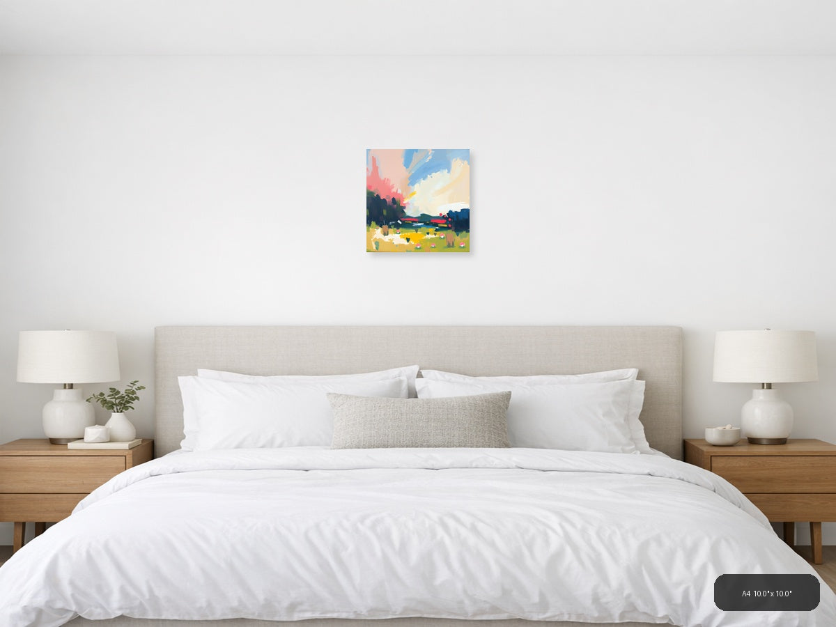 Abstract Landscape with Pink Sky & Green Fields Wall Art — A4 / Bedroom