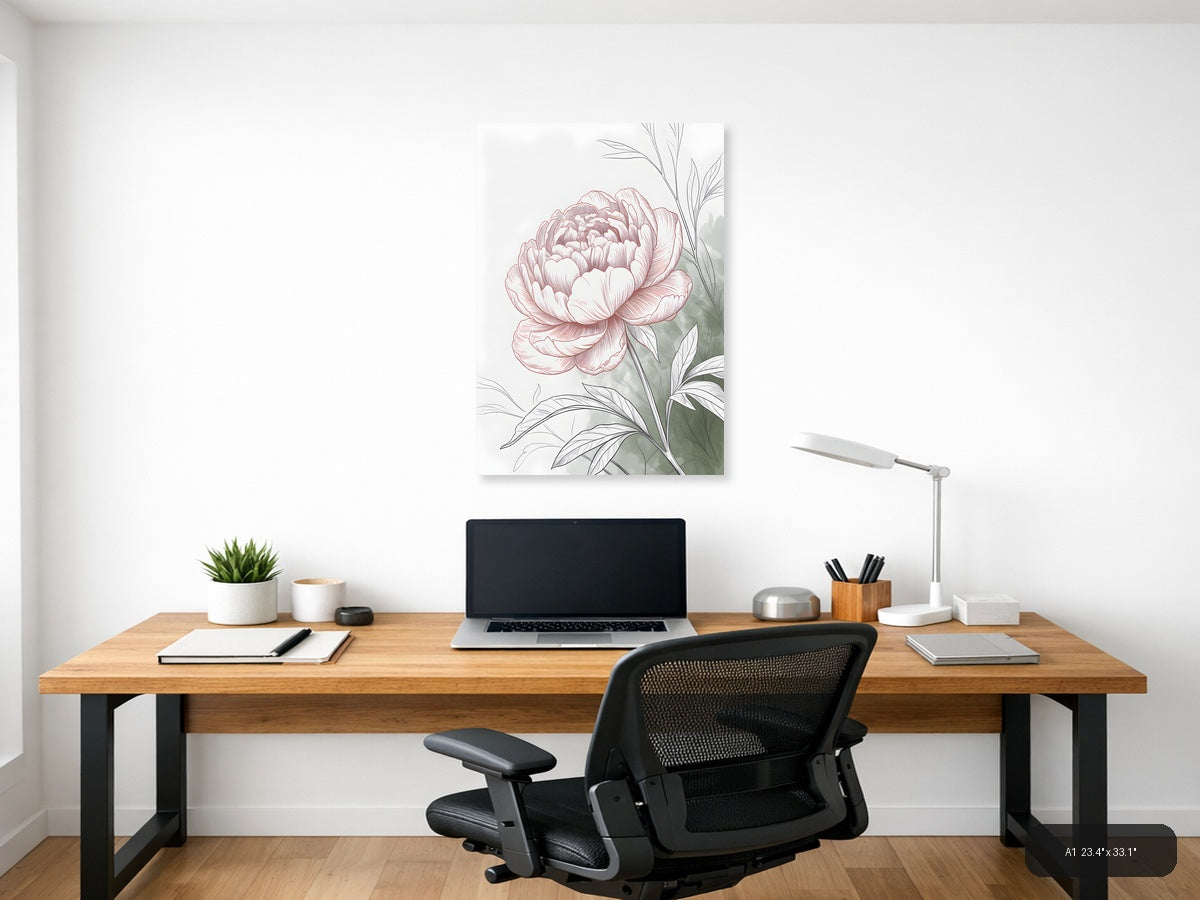 Pink Peony Line Art with Green Leaves Wall Art — A1 / Office