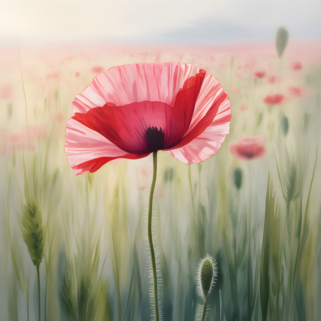 Red Poppy Watercolor Flower Field Wall Art