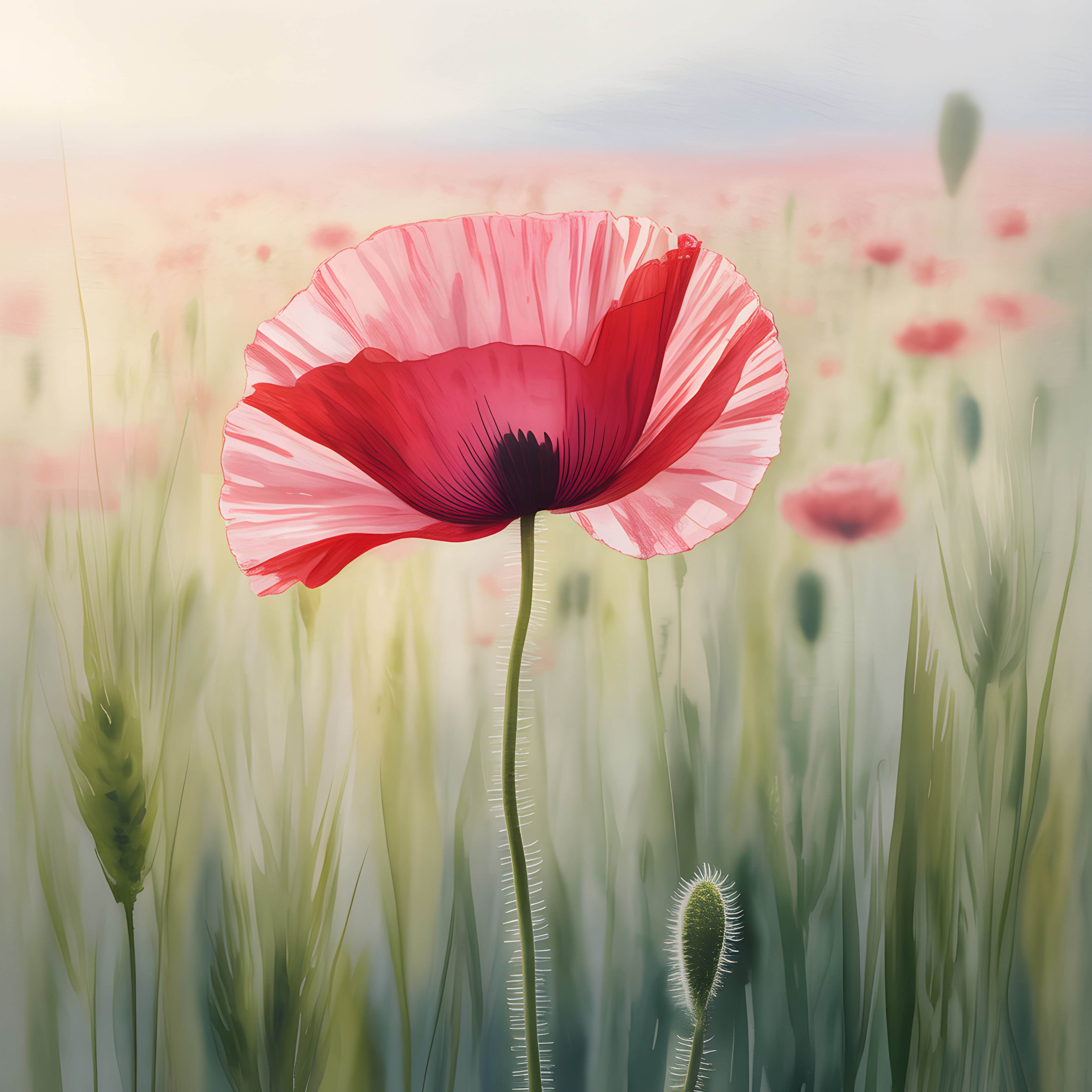 Red Poppy Watercolor Flower Field Wall Art