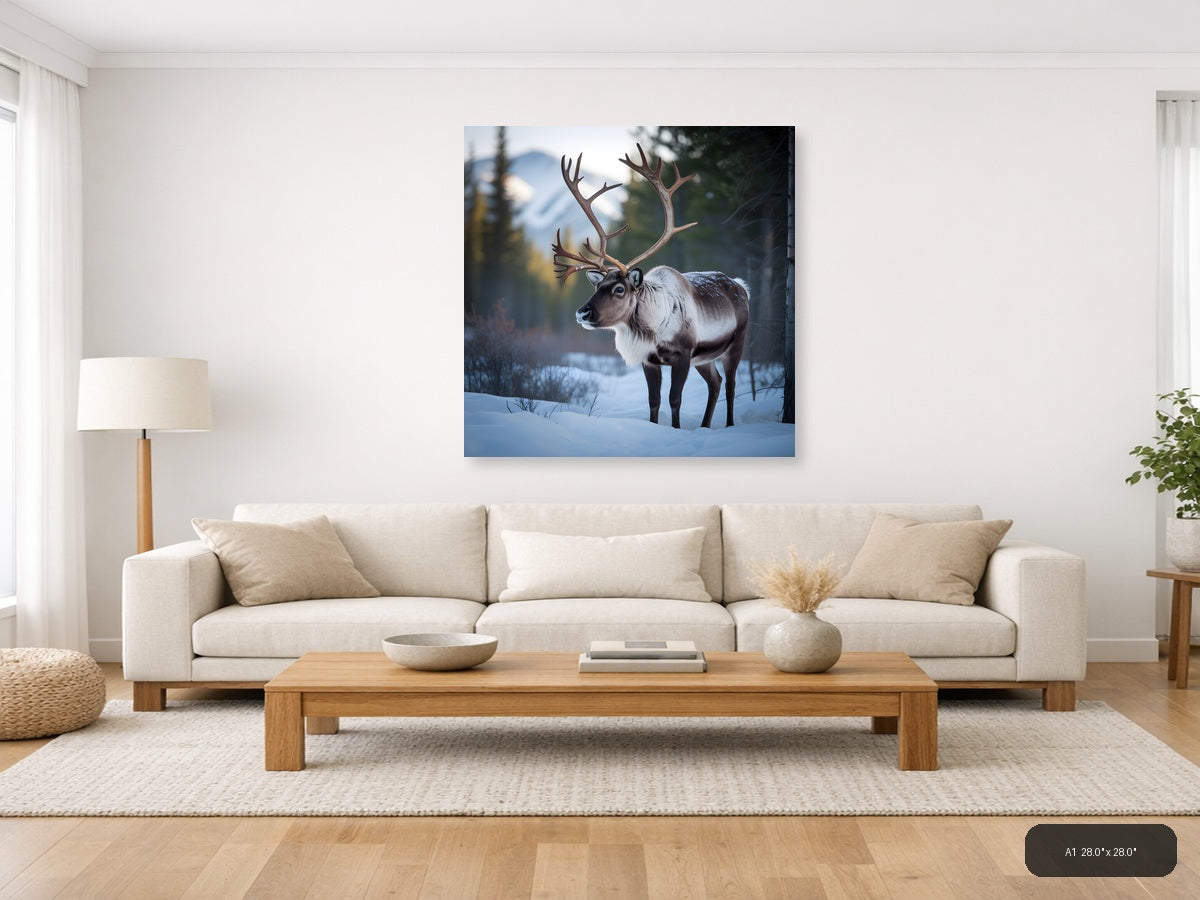 Majestic Reindeer in Snow Winter Forest Photography Wall Art — A1 / Living Room