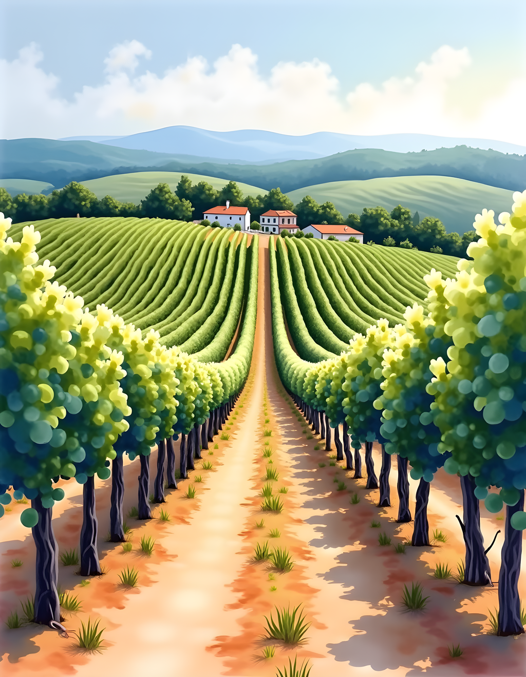 Tuscan Vineyard Landscape Watercolor Wall Art