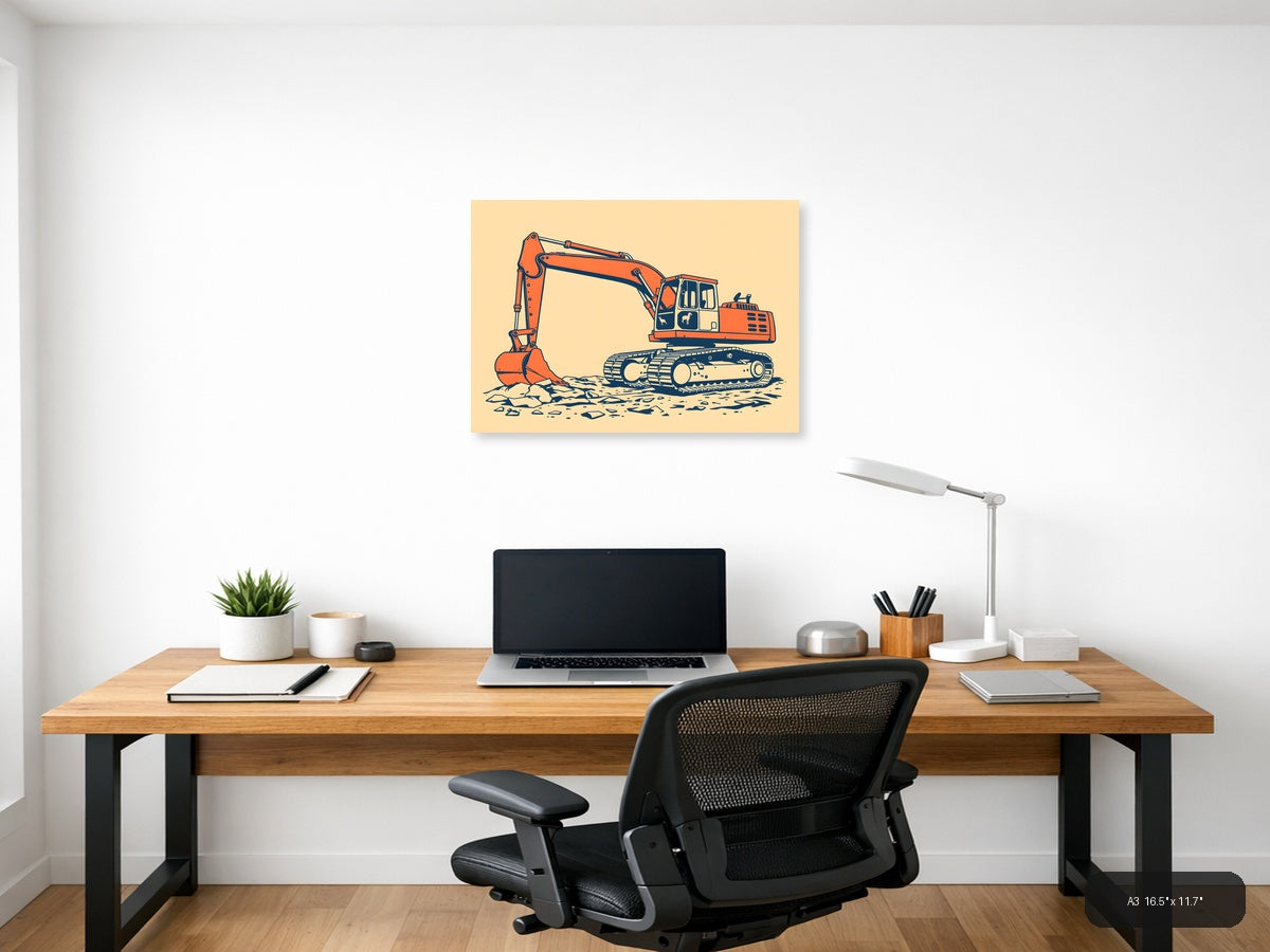 Vintage Orange Excavator Construction Wall Art — A3 / Office