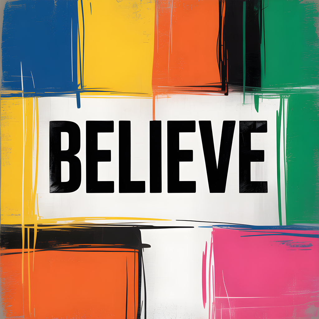 BELIEVE Colorful Abstract Blocks Square Wall Art