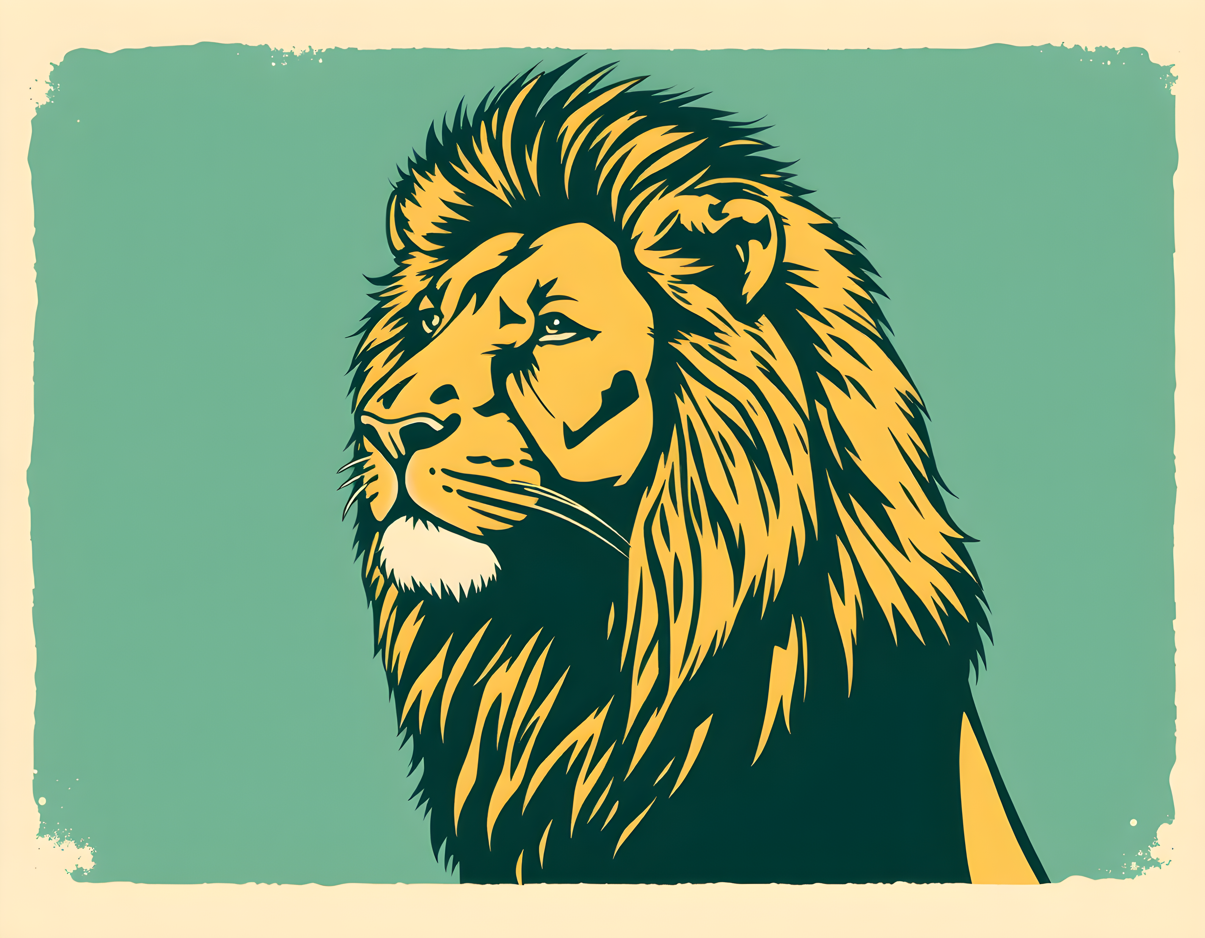 Vintage Lion Head Portrait Teal Yellow Wall Art