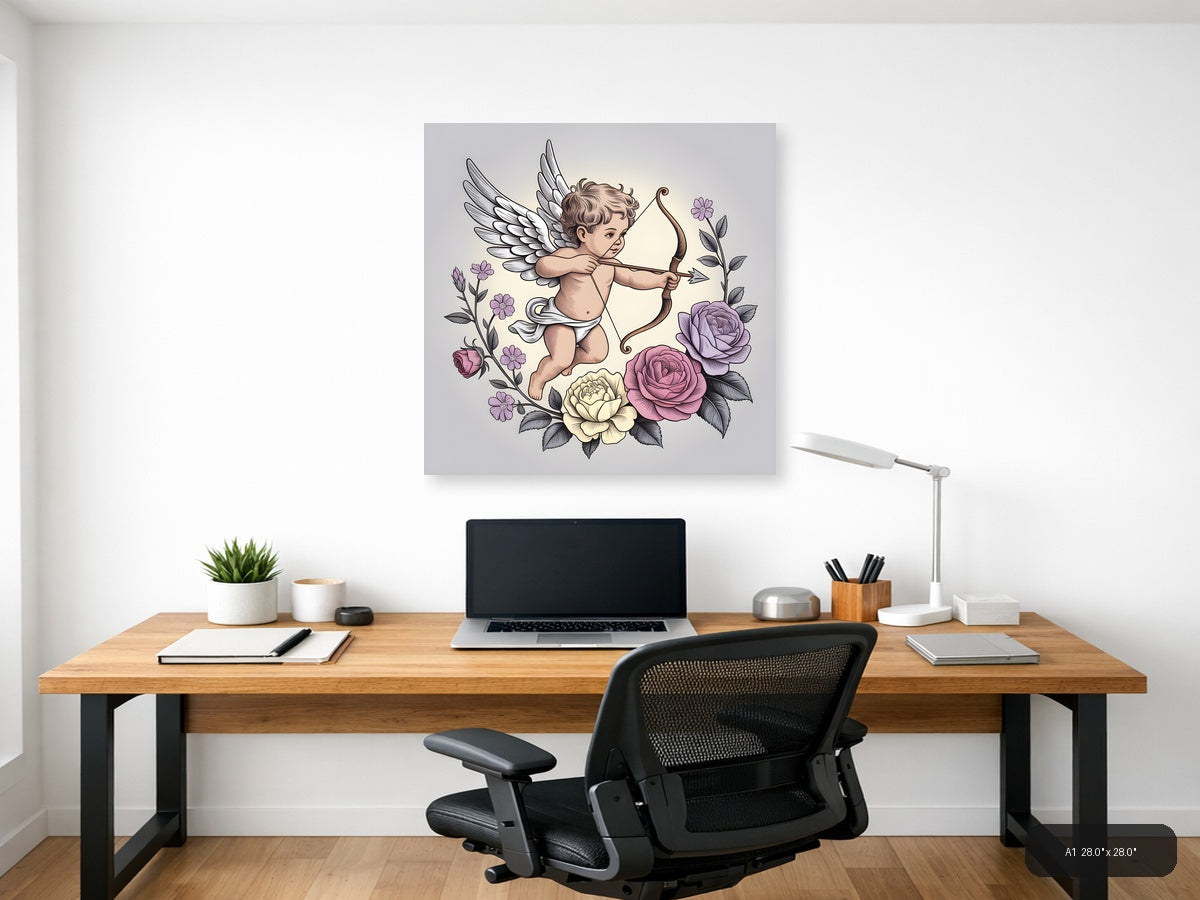 Cupid Angel with Bow and Roses Line Art Wall Art — A1 / Office