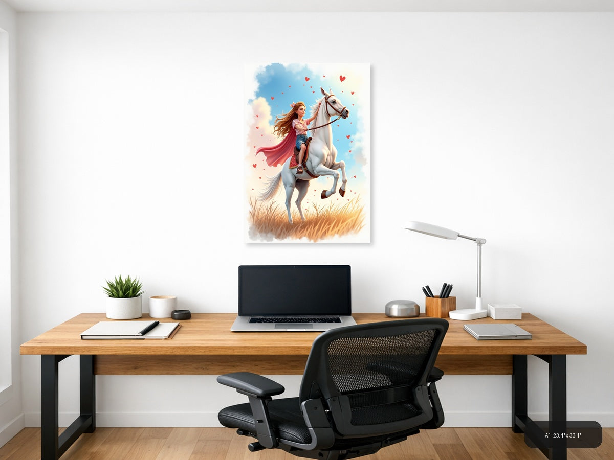 Girl on White Horse with Hearts Watercolor Wall Art — A1 / Office
