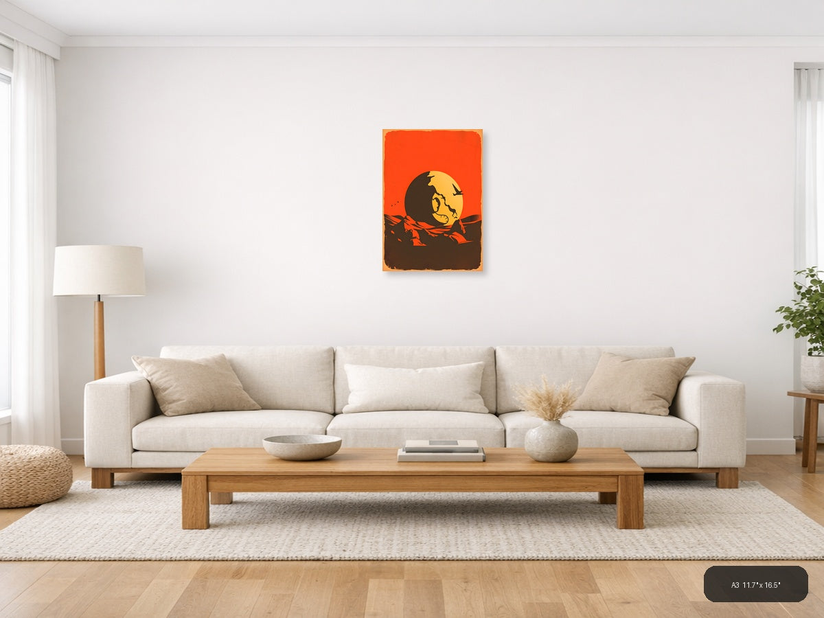 Vintage Moon Face Sunset Silhouette Wall Art — A3 / Living Room