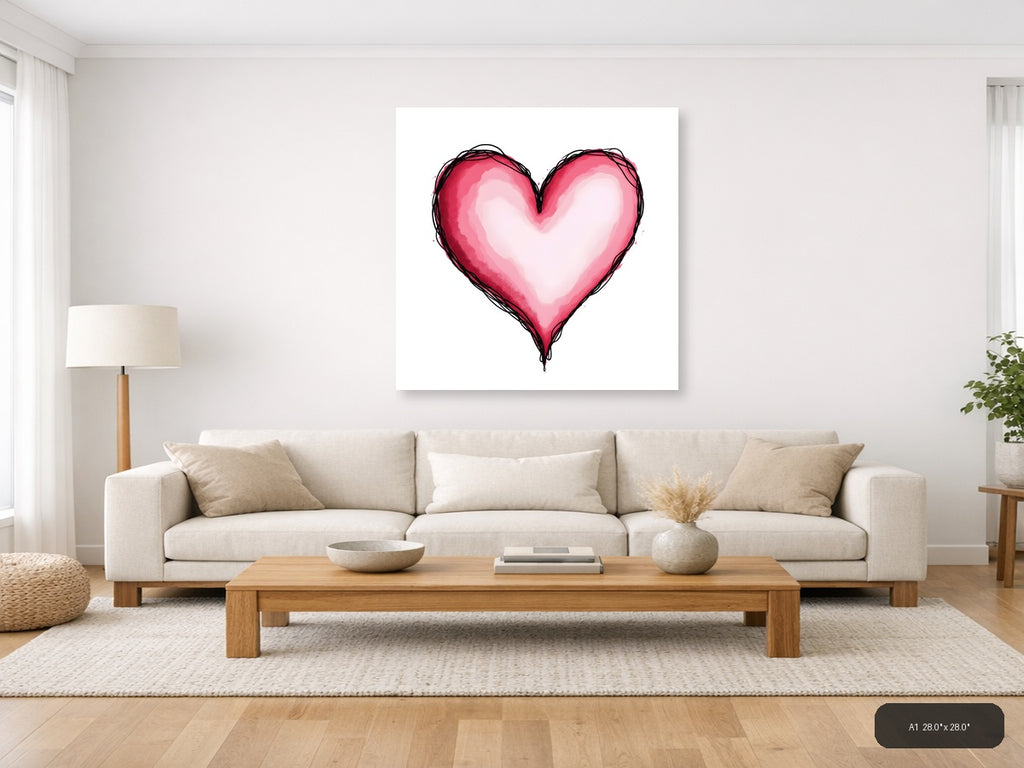 Pink Heart Line Art with Watercolor Fill Wall Art — A1 / Living Room