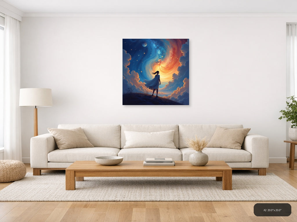 Woman Gazing at Cosmic Spiral Abstract Wall Art — A2 / Living Room
