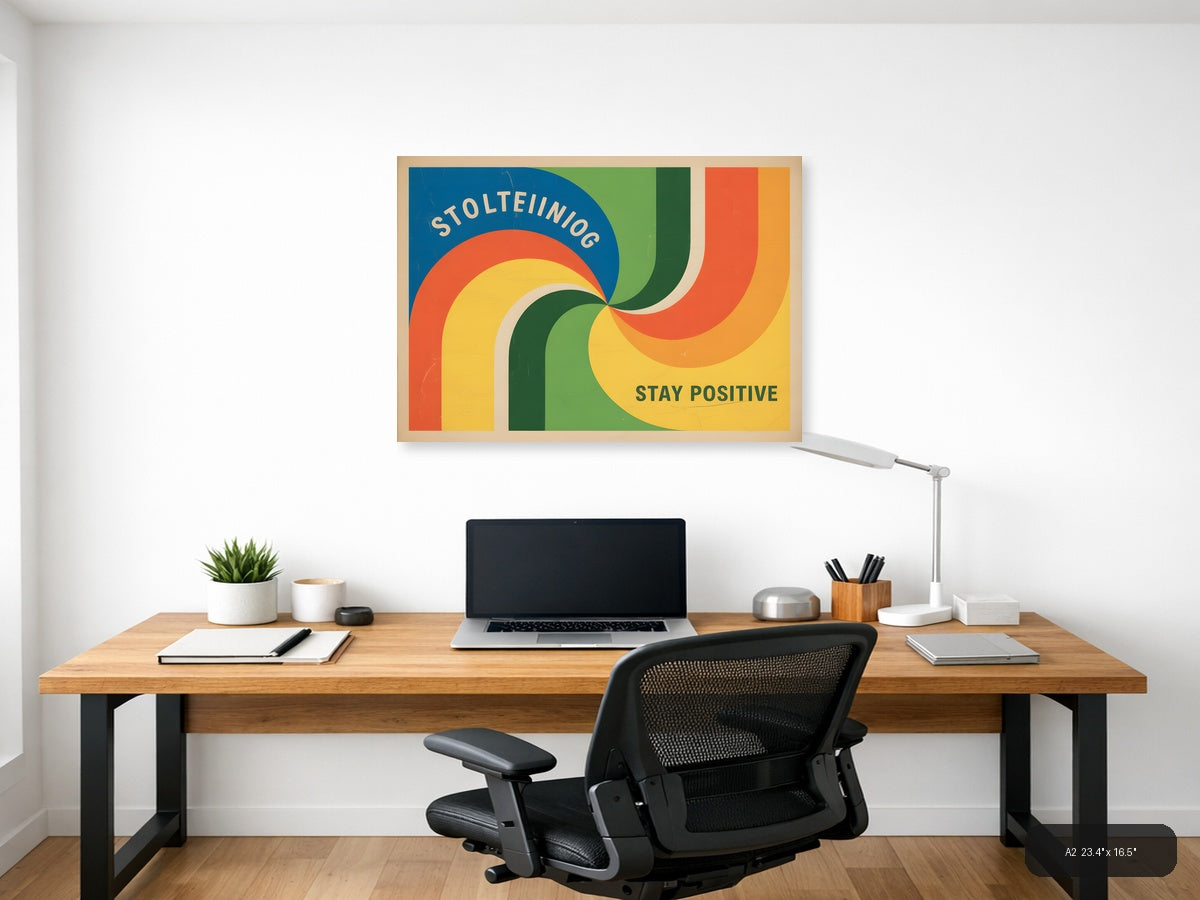 Vintage Retro Rainbow Curves 'Stay Positive' Wall Art — A2 / Office
