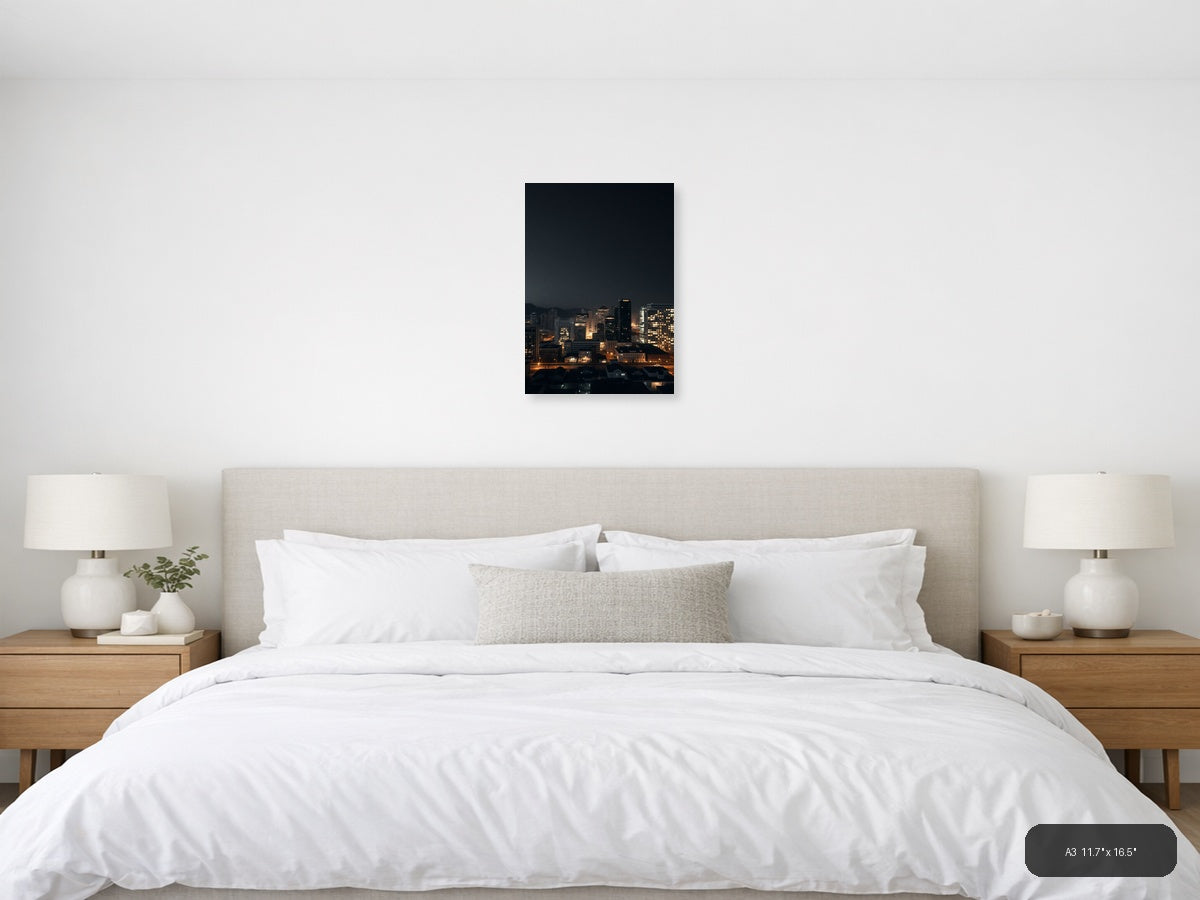 Urban Skyline at Dusk with Golden City Lights | Minimalist Wall Art — A3 (Bedroom)