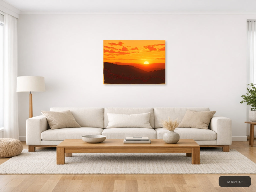 Vintage Sunset Over Mountains Landscape Wall Art — A3 / Living Room