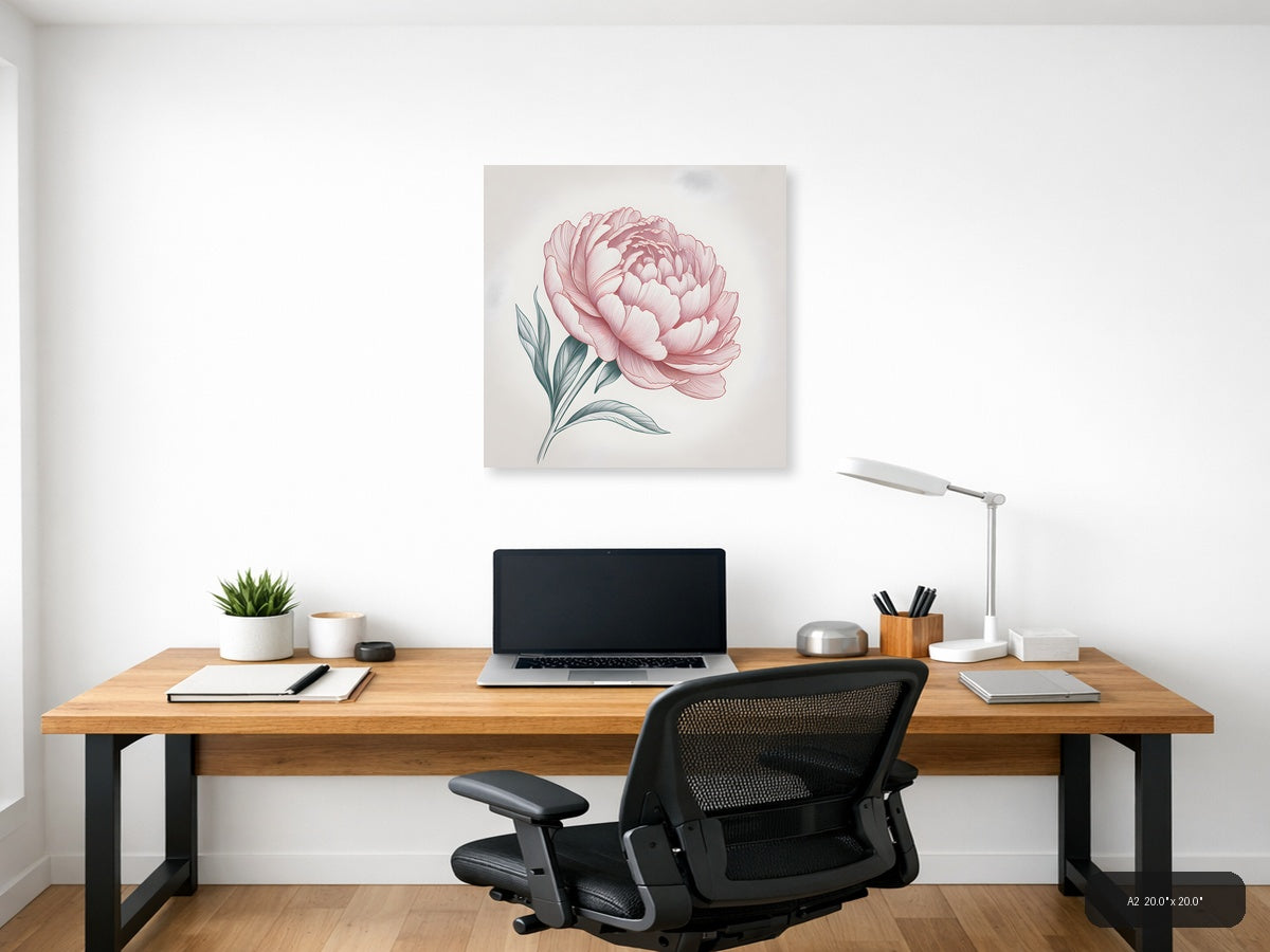 Pink Peony Line Art Botanical Drawing Wall Art — A2 / Office