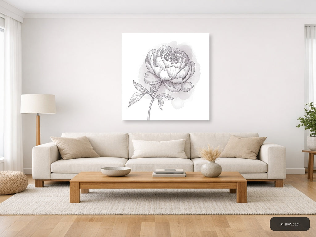 Peony Flower Line Art Drawing - Minimalist Wall Art — A1 / Living Room