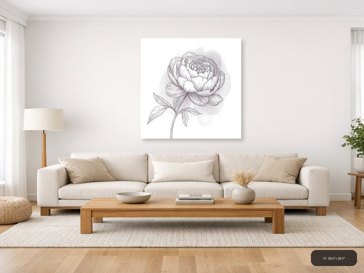 Peony Flower Line Art Drawing - Minimalist Wall Art — A1 / Living Room