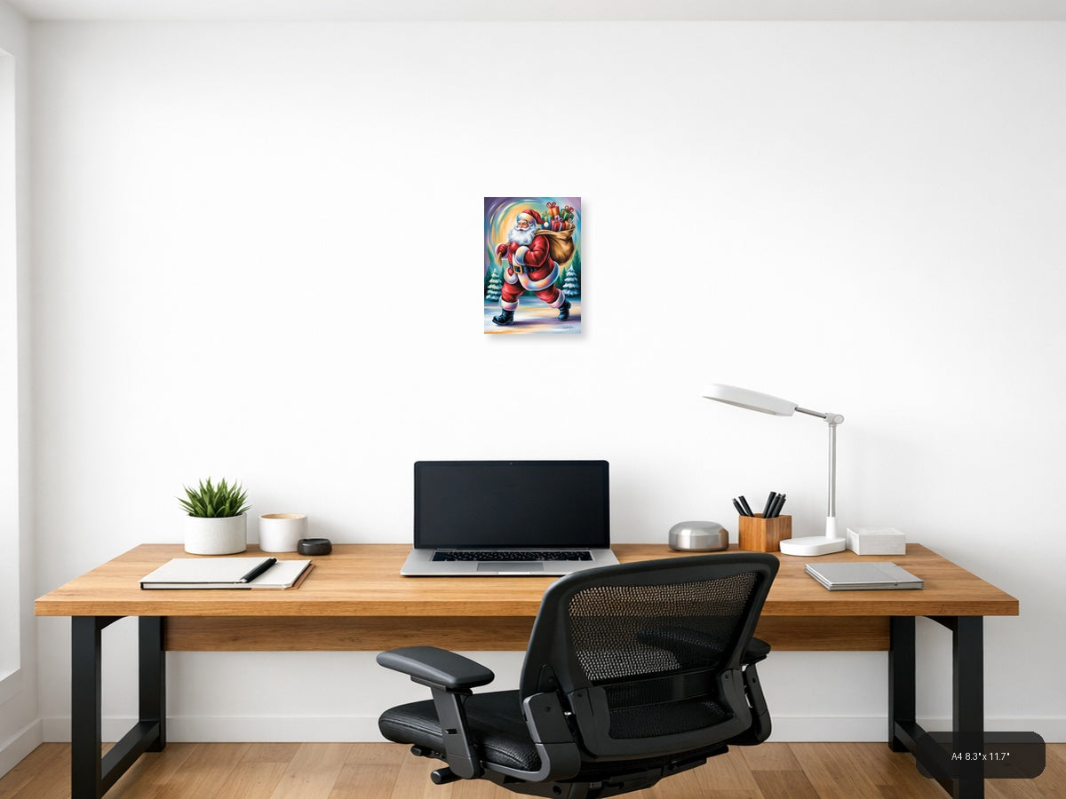Jolly Santa with Gift Sack Winter Wall Art — A4 / Office