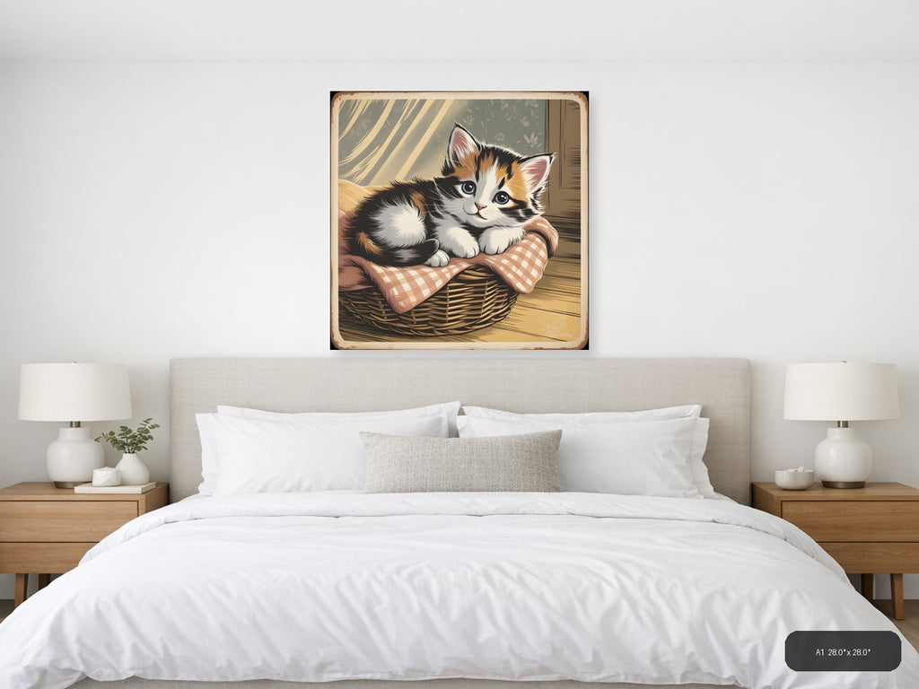 Vintage Calico Kitten in Basket - Square Wall Art — A1 / Bedroom