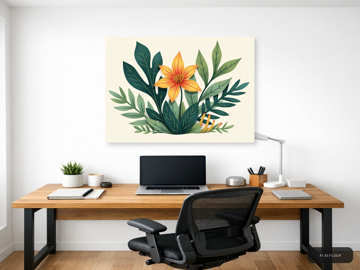 Botanical Orange Flower with Green Leaves Wall Art — A1 / Office