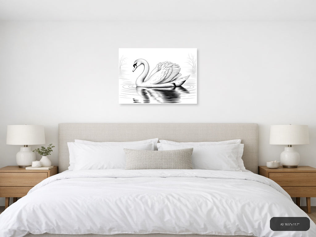 Elegant Swan Line Art Drawing - Black & White Wall Art — A3 / Bedroom