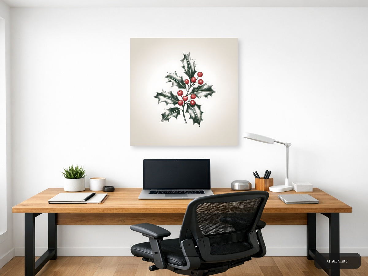 Holly Branch with Red Berries Line Art Wall Art — A1 / Office