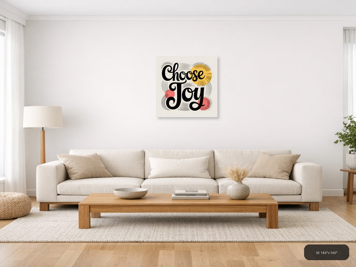 Choose Joy Line Art with Sun and Flowers Wall Art — A3 / Living Room