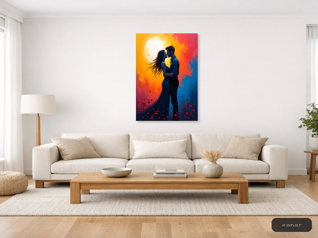 Romantic Couple Moon Silhouette Abstract Wall Art — A1 / Living Room