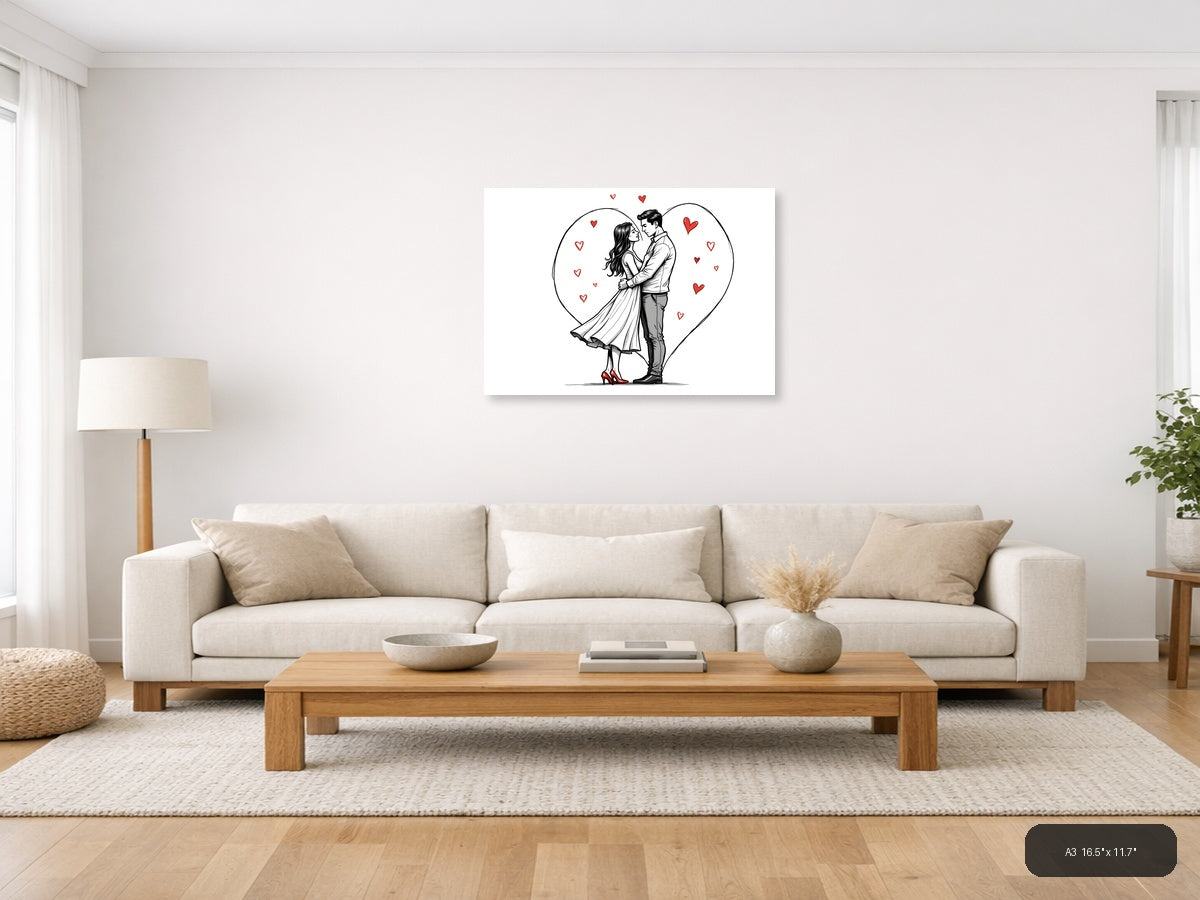 Romantic Couple in Heart Line Art Wall Art — A3 / Living Room