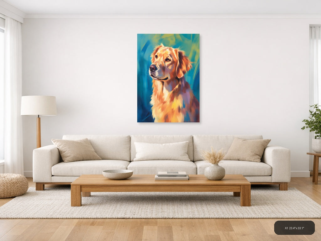 Golden Retriever Portrait Abstract Blue Wall Art — A1 / Living Room