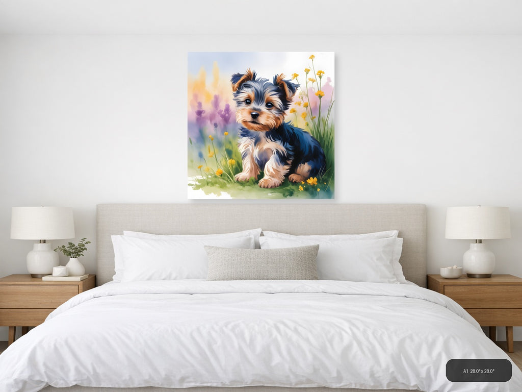 Adorable Puppy with Yellow Flowers Watercolor Wall Art — A1 / Bedroom