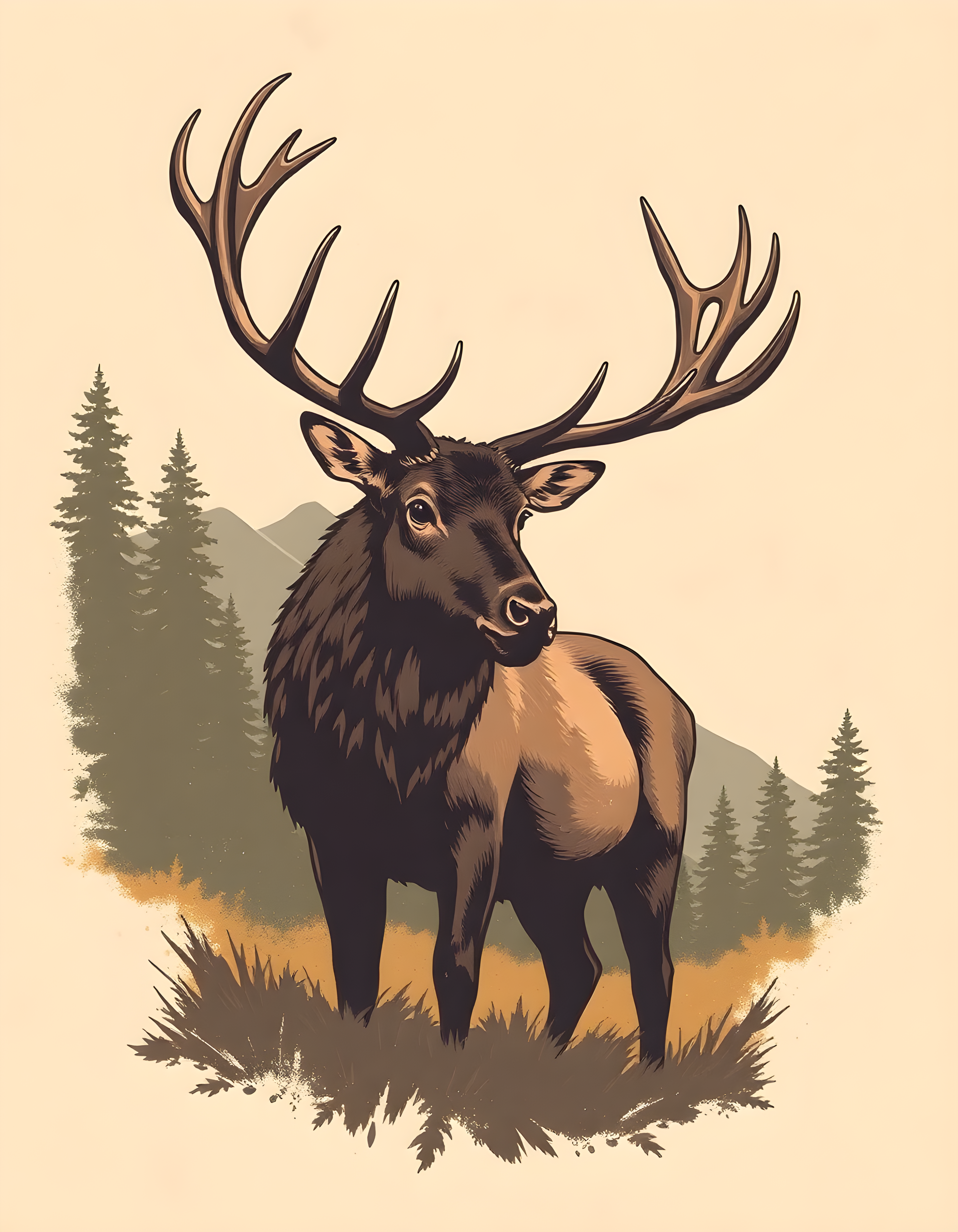 Majestic Elk with Antlers Vintage Forest Wall Art