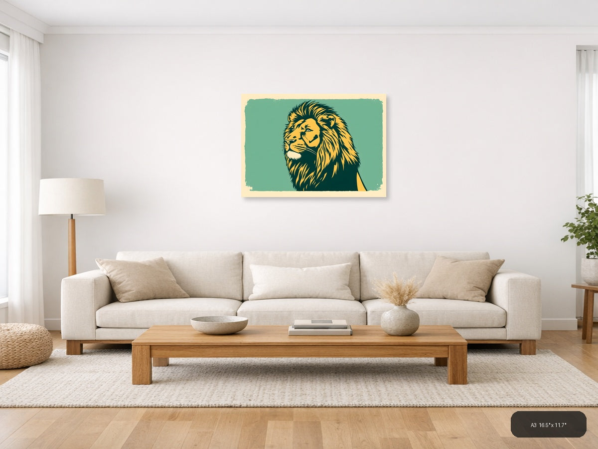 Vintage Lion Head Portrait Teal Yellow Wall Art — A3 / Living Room