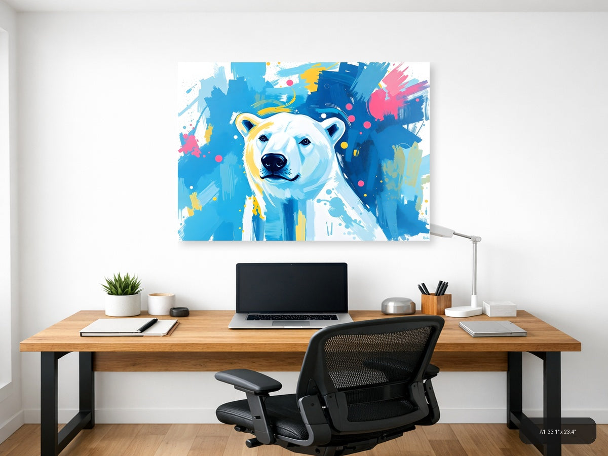 Abstract Polar Bear Portrait Blue Yellow Wall Art — A1 / Office