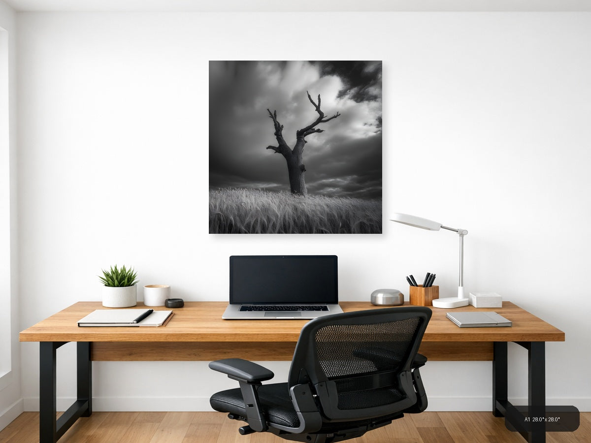 Dead Tree in Wheat Field Black and White Photography Wall Art — A1 / Office