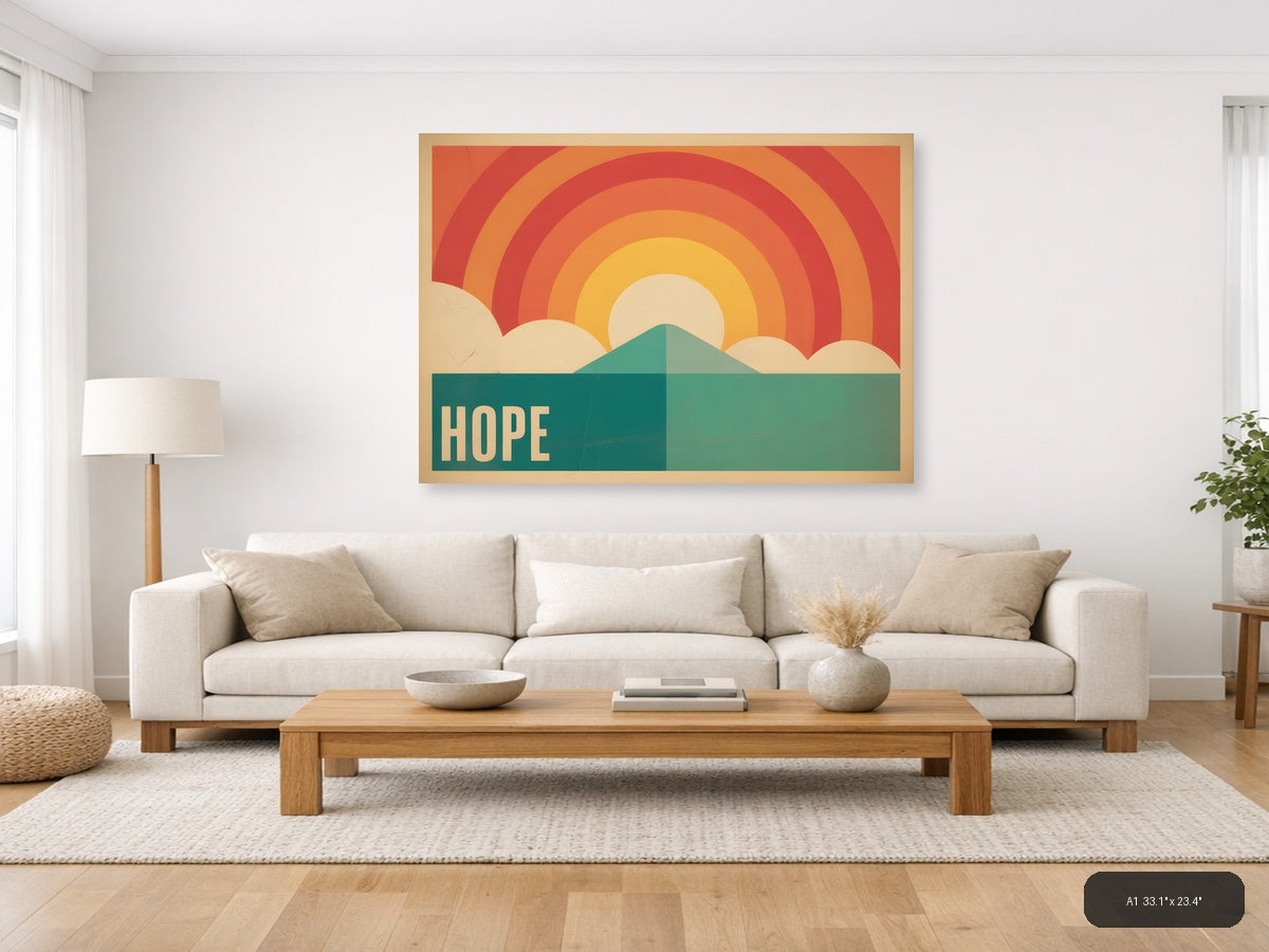 Vintage Hope Rainbow Mountain Sunrise Landscape Wall Art — A1 / Living Room