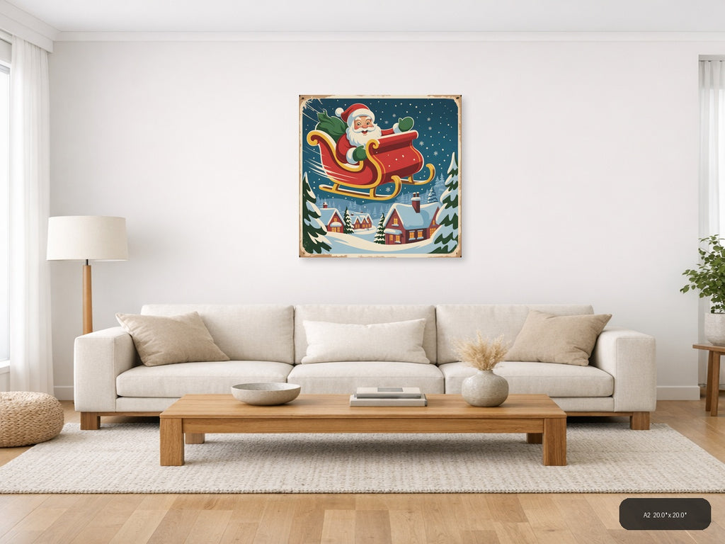 Vintage Santa Sleigh Christmas Night Sky Wall Art — A2 / Living Room