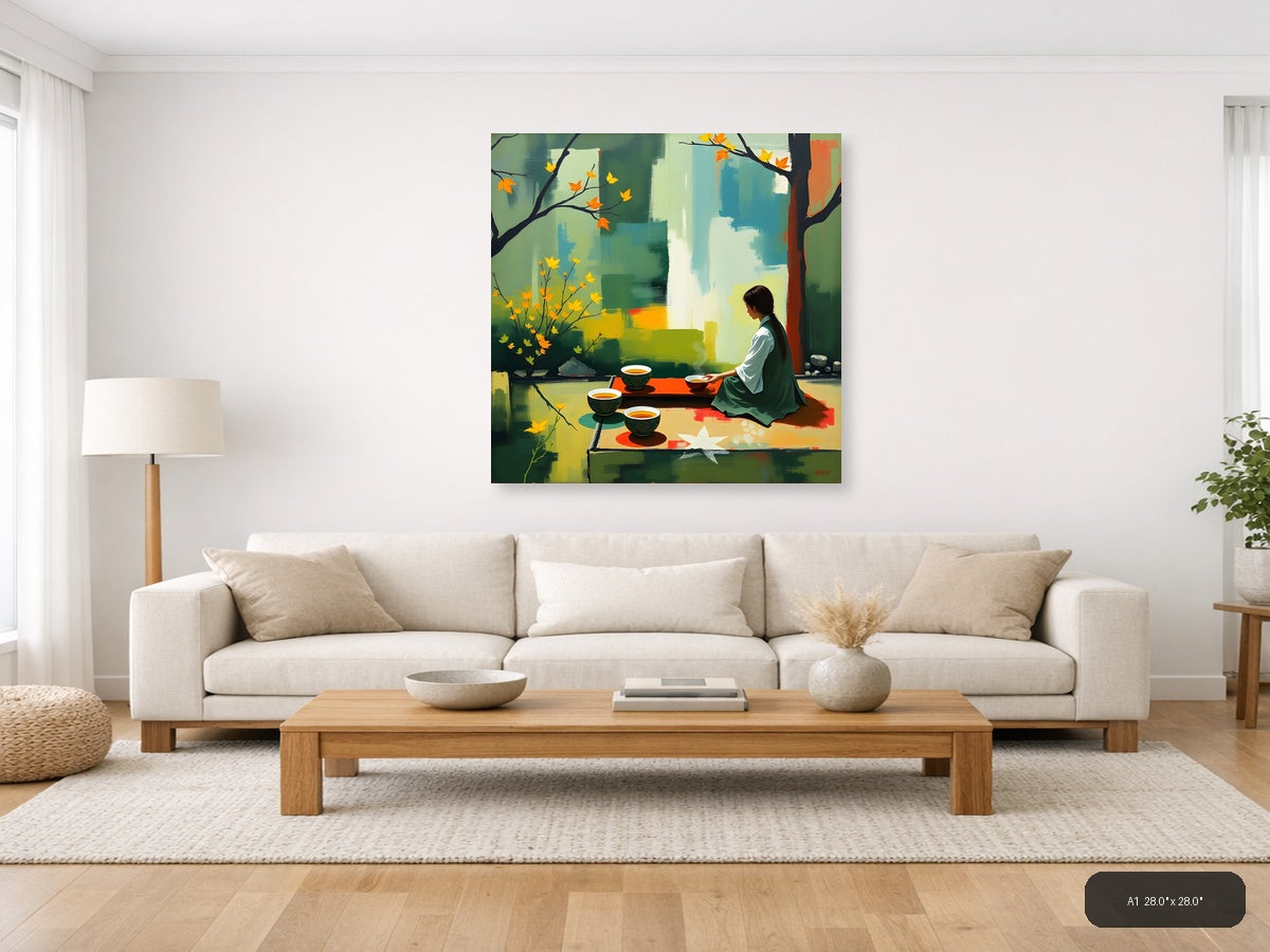 Abstract Autumn Tea Ceremony Woman Wall Art — A1 / Living Room