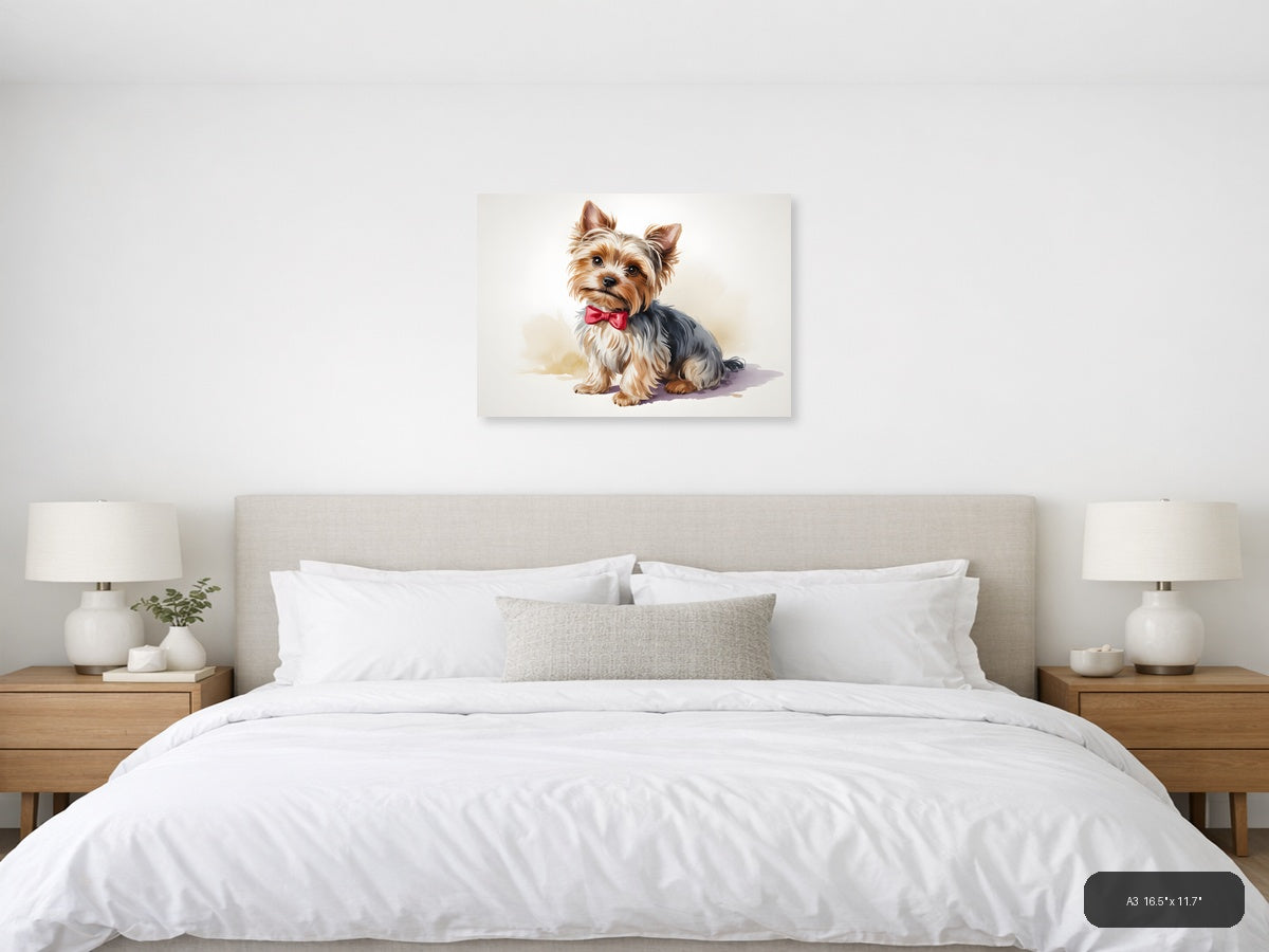 Stylish Yorkie with Pink Bow Watercolor Wall Art — A3 / Bedroom