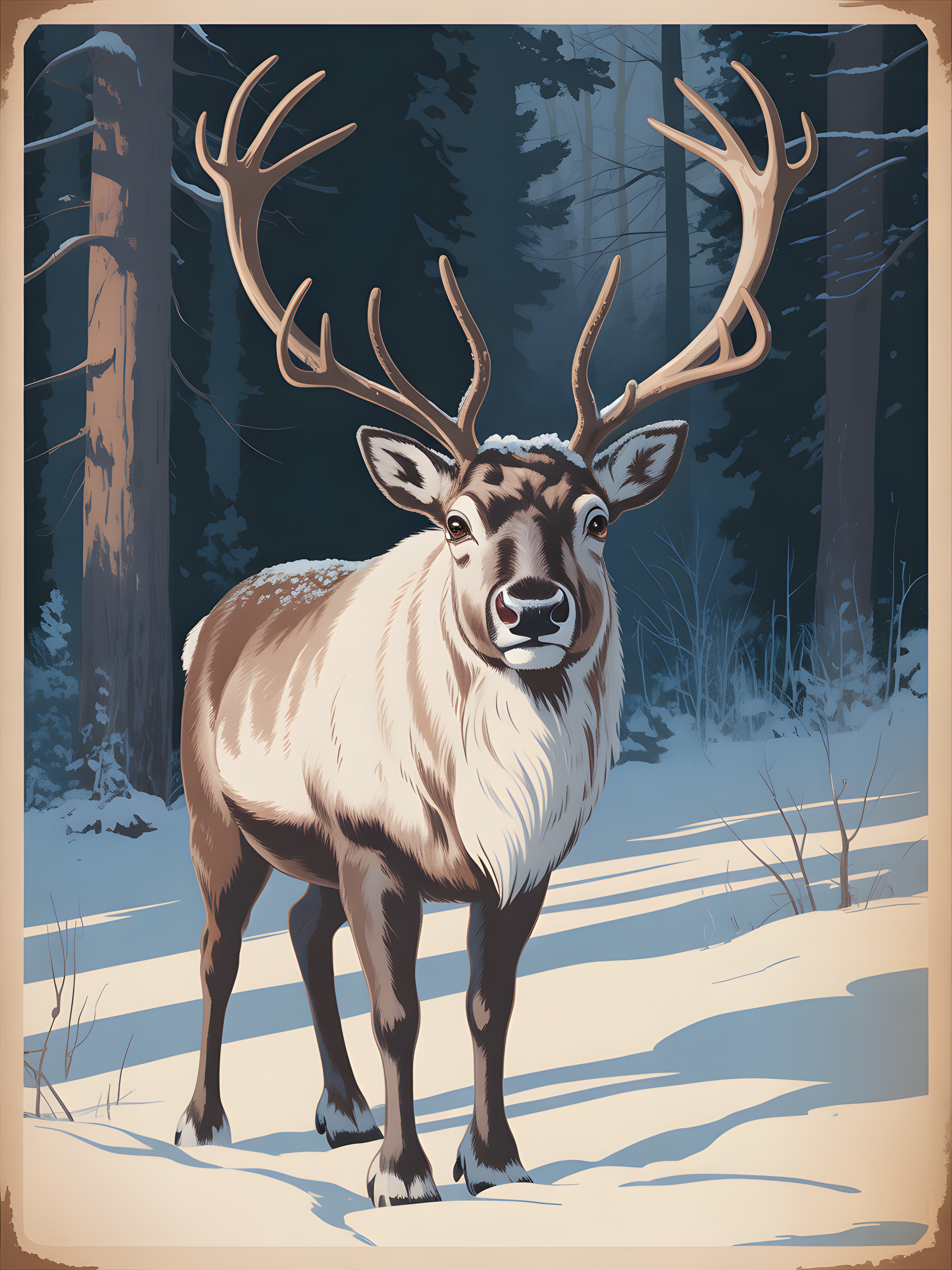 Majestic Deer in Winter Forest Vintage Wall Art