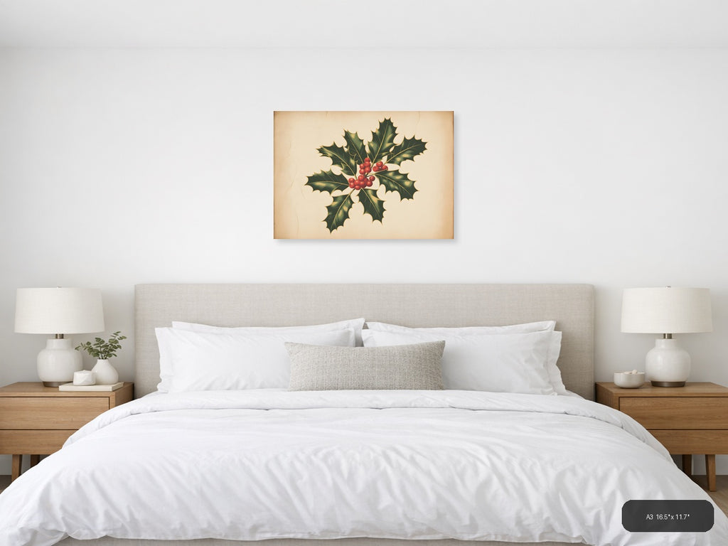 Vintage Holly Berries & Leaves Botanical Wall Art — A3 / Bedroom