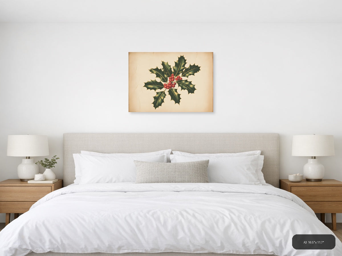 Vintage Holly Berries & Leaves Botanical Wall Art — A3 / Bedroom