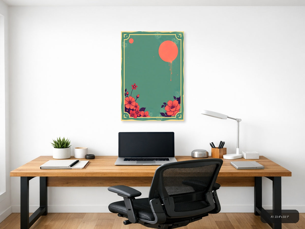 Vintage Teal Floral Sunset Print Wall Art — A1 / Office