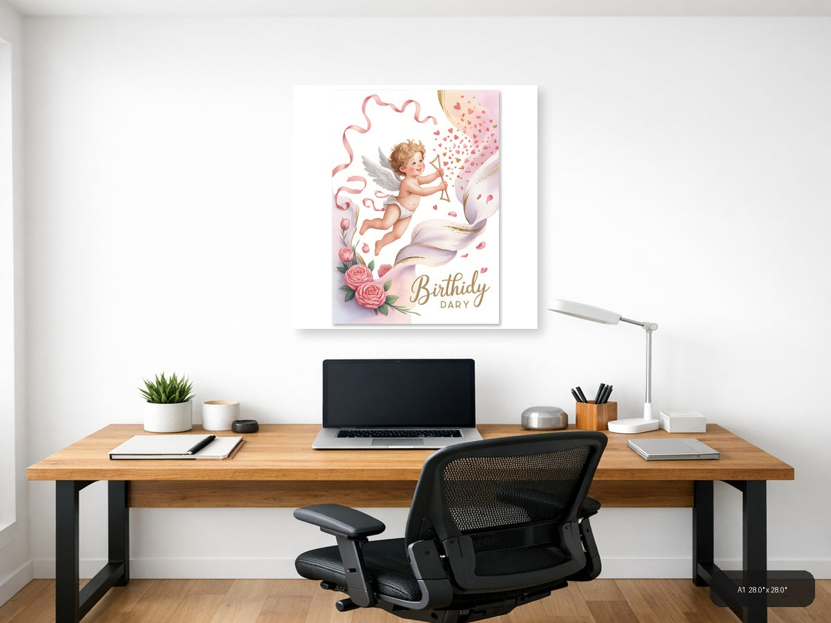 Cupid Birthday Dary Watercolor Angel Wings Wall Art — A1 / Office