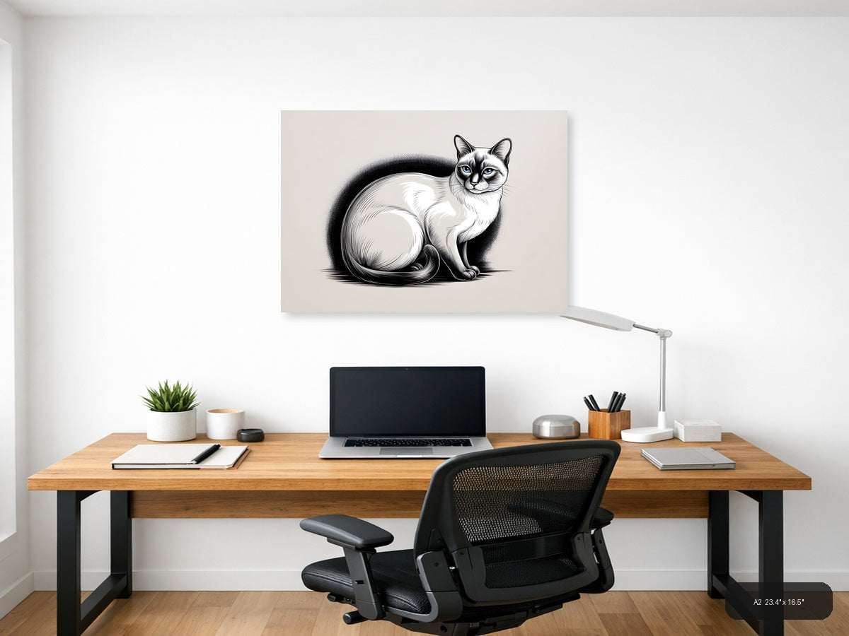 Siamese Cat with Fluffy Tail Line Art Wall Art — A2 / Office