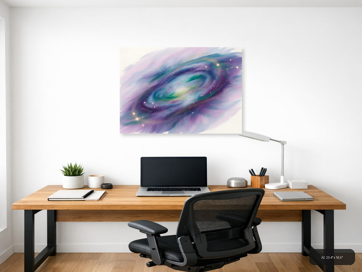Cosmic Galaxy Watercolor Swirl Purple Green Wall Art — A2 / Office